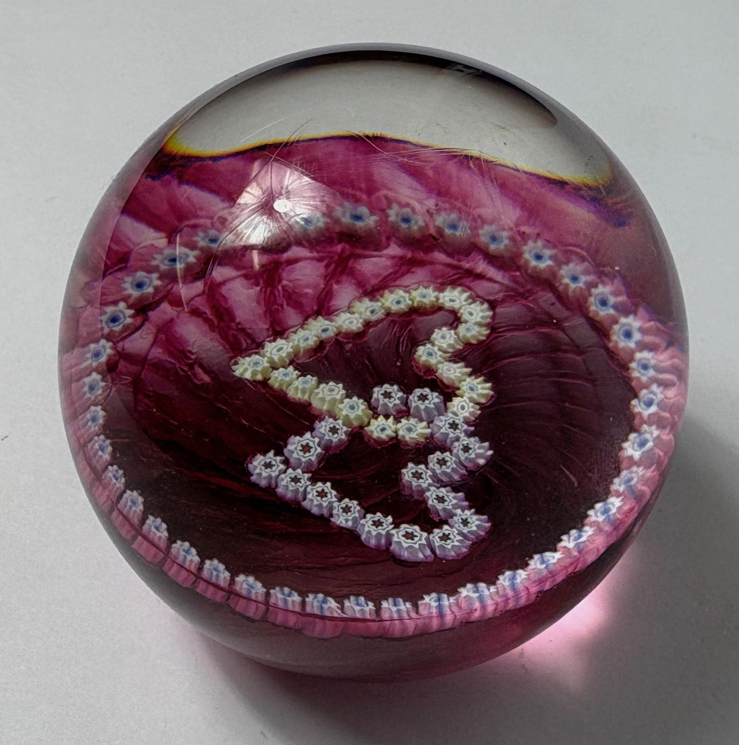 Millefiori Glass Paperweight – Caithness “Double Heart”, Cranberry Swirl