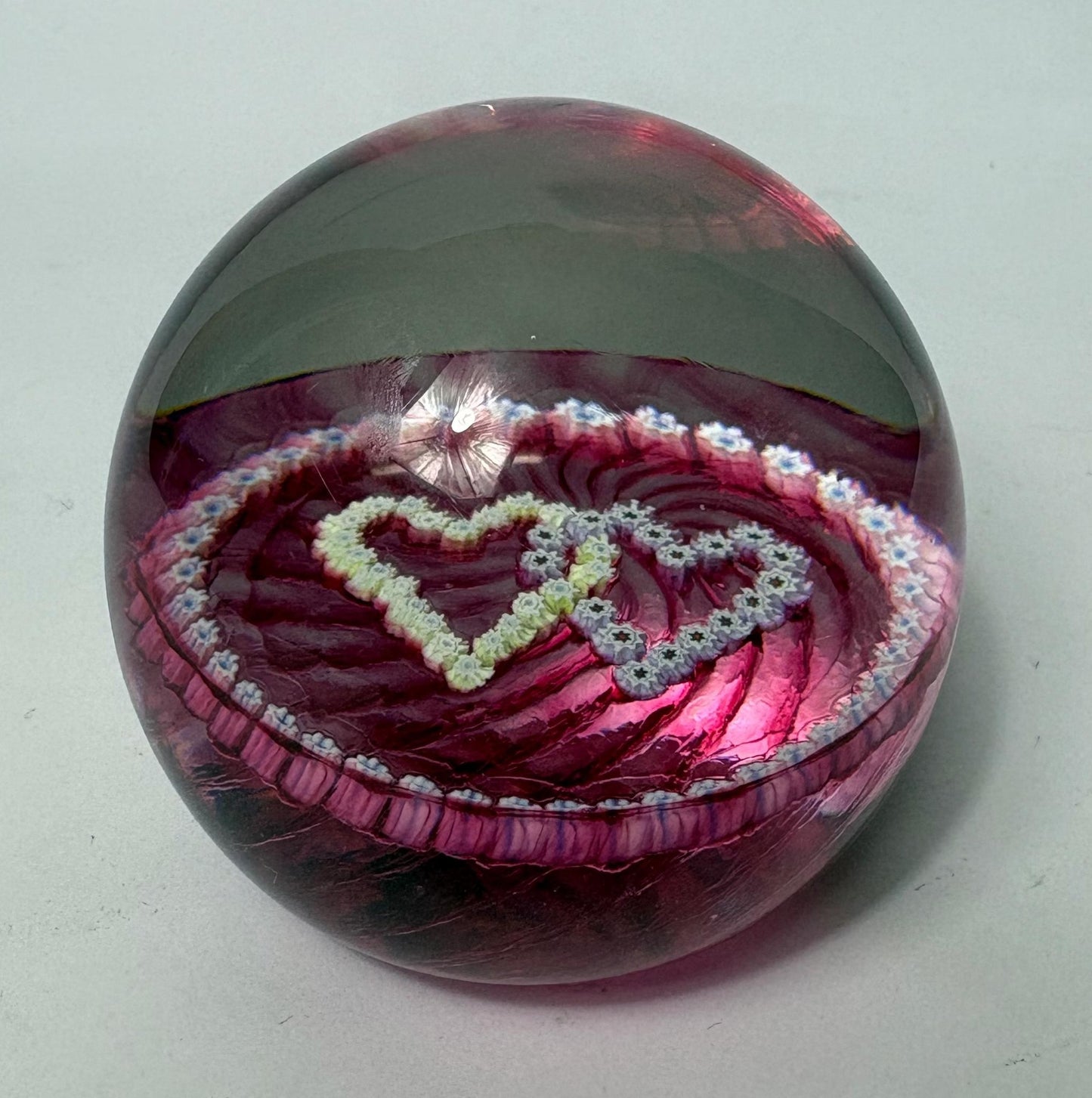 Millefiori Glass Paperweight – Caithness “Double Heart”, Cranberry Swirl