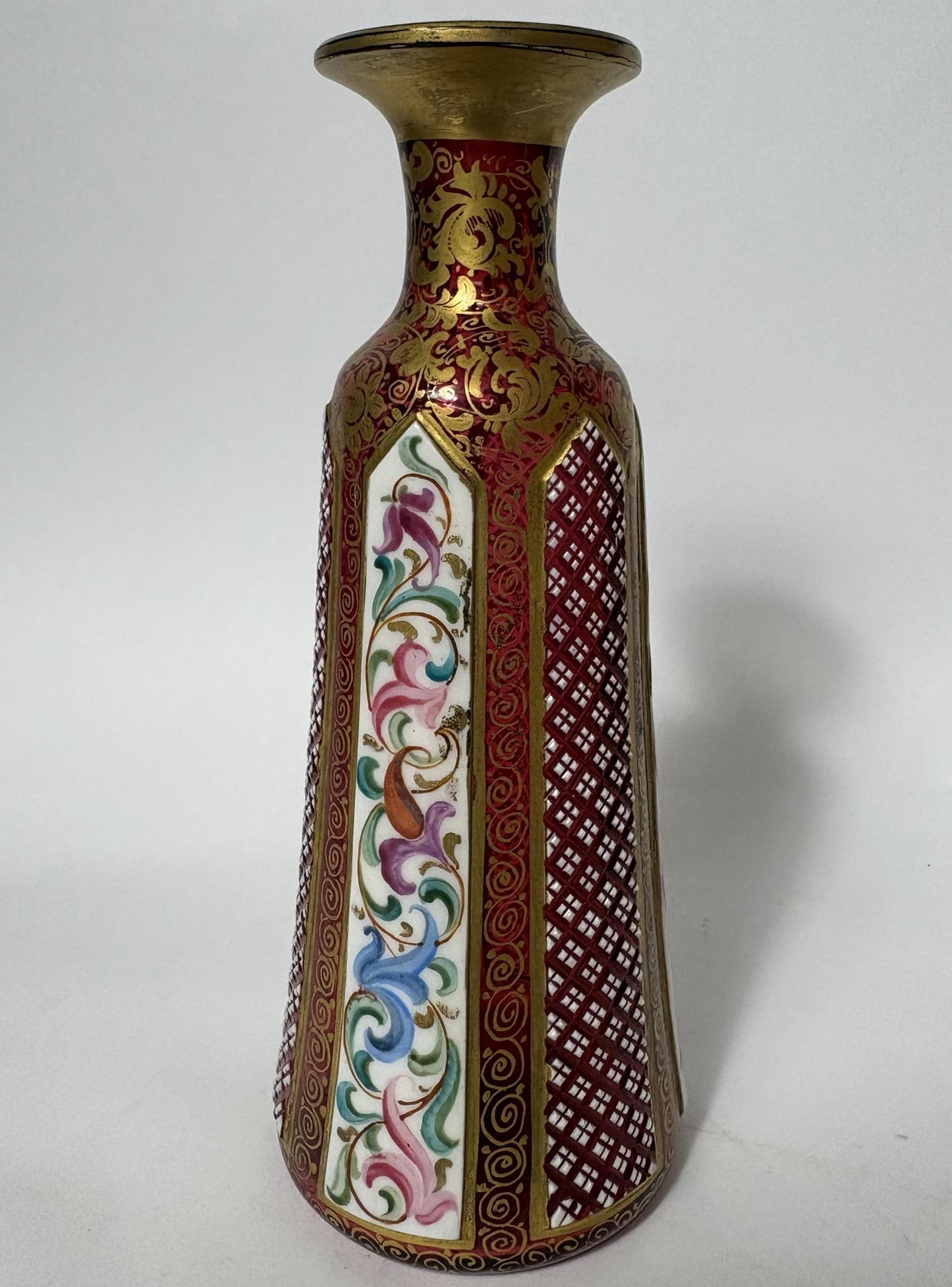 19th Century Bohemian Cranberry Overlay Glass Bottle with Enamel Panels & Gilt