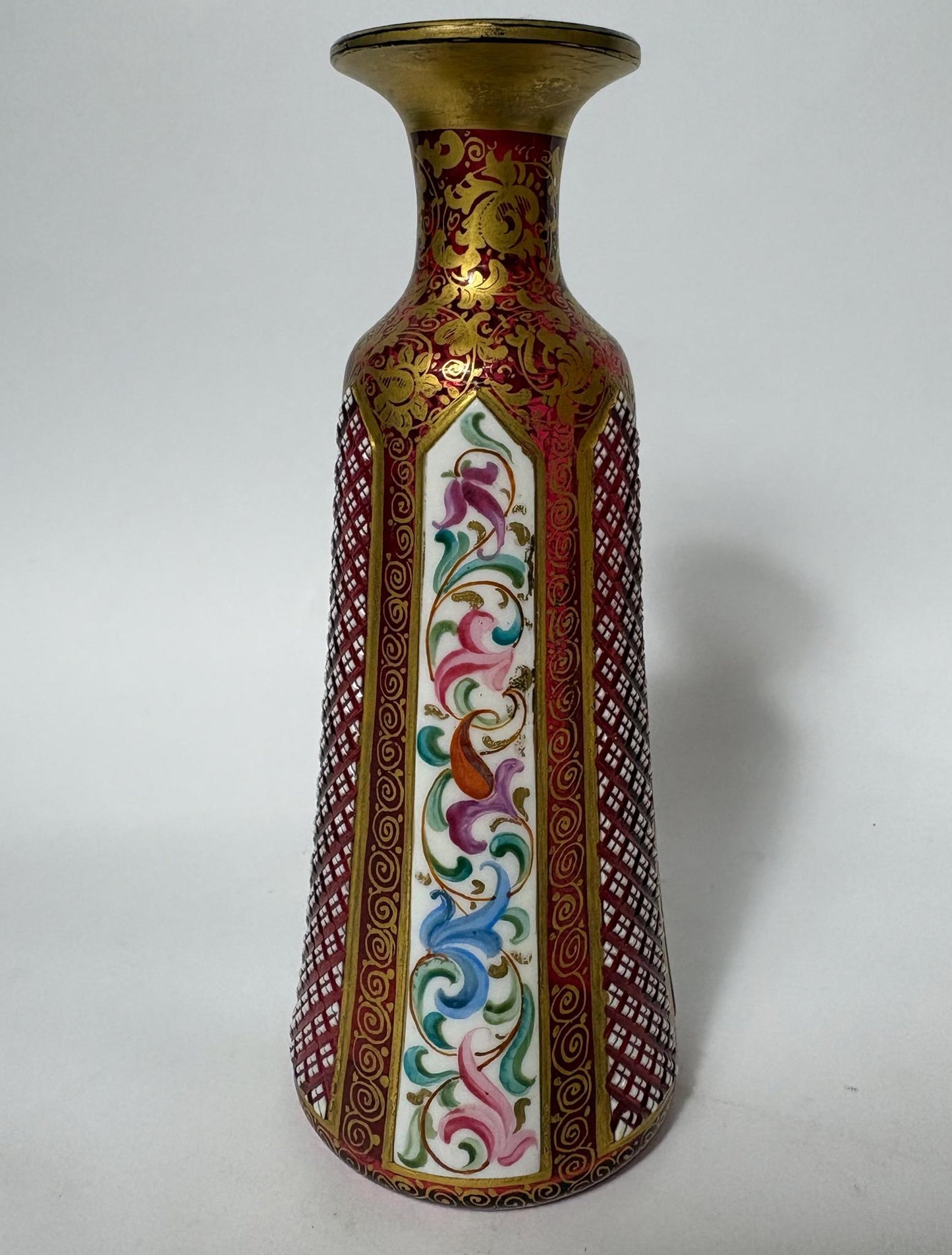 19th Century Bohemian Cranberry Overlay Glass Bottle with Enamel Panels & Gilt