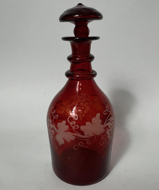 Antique Ruby Flash Glass Decanter Bottle with Stopper – Etched Vine & Grape Motif