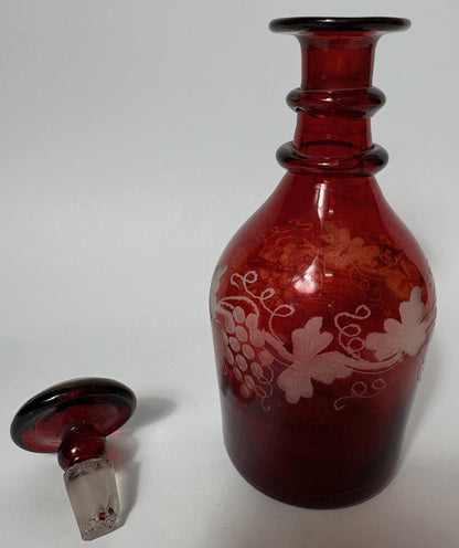 Antique Ruby Flash Glass Decanter Bottle with Stopper – Etched Vine & Grape Motif