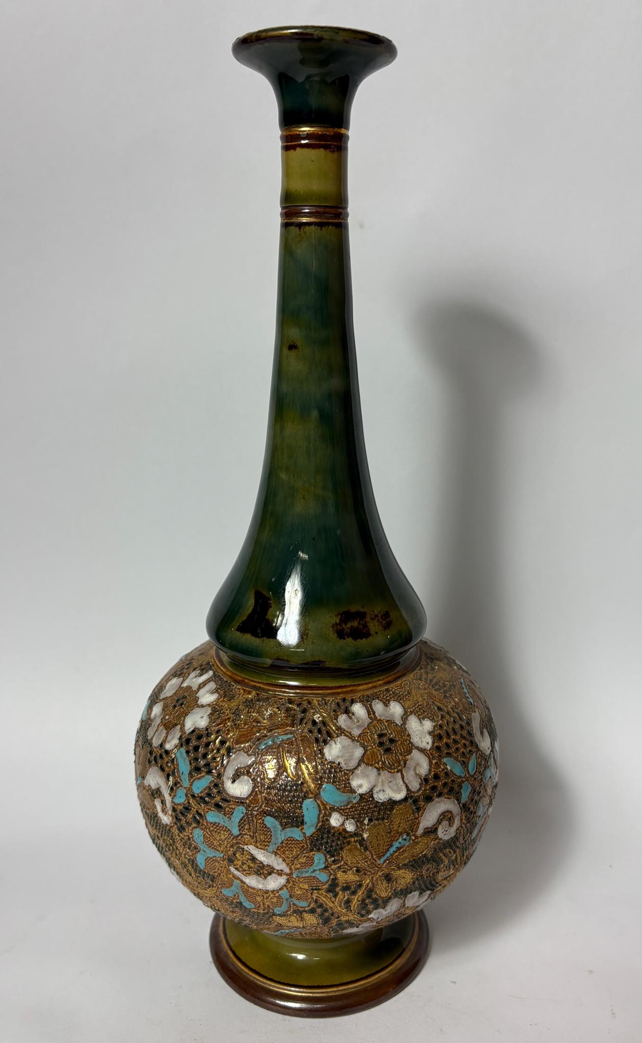 Victorian Doulton Lambeth “Slater’s Patent” Bottle Vase – Gilt & Enamel Floral Decoration