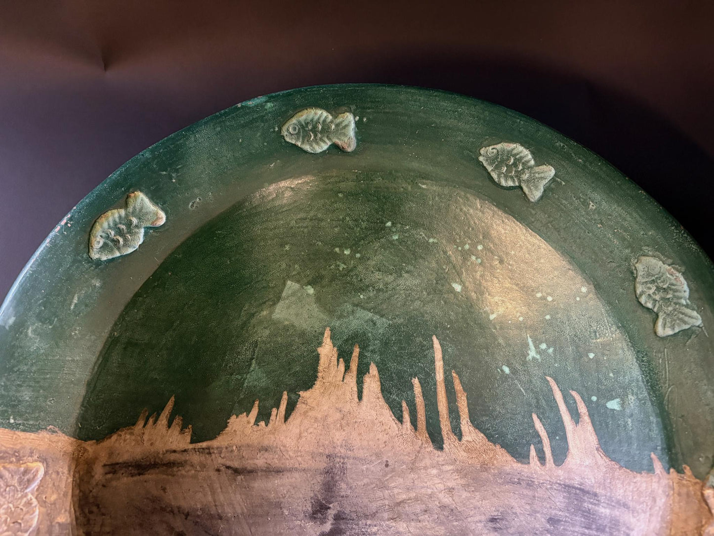 Moroccan Tamegroute Large Green Glazed Charger with Fish Border