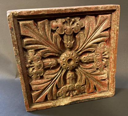 Late 19th / Early 20th Century Terracotta Floral Relief Panel (25.5 × 26 cm) – Architectural Salvage
