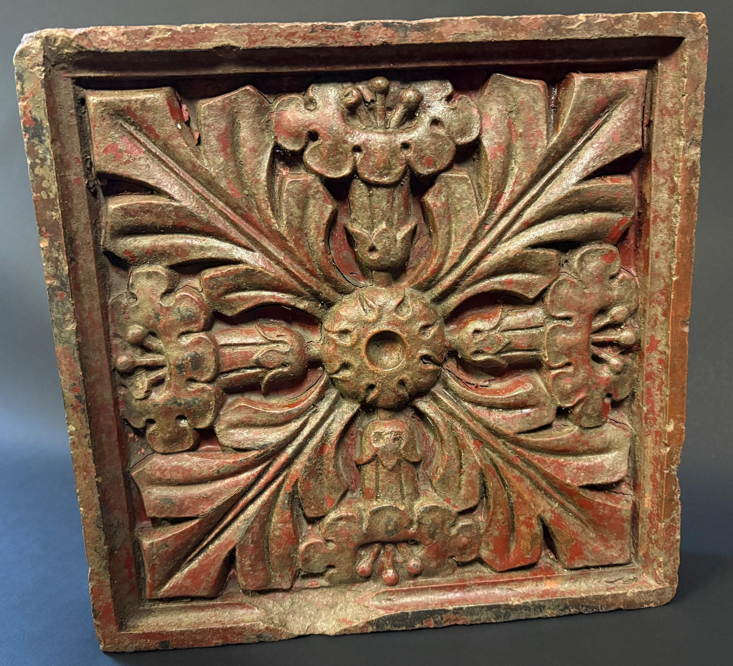 Late 19th / Early 20th Century Terracotta Floral Relief Panel (25.5 × 26 cm) – Architectural Salvage