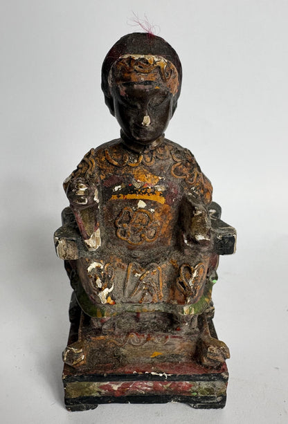 Antique Chinese Carved Wooden “Emperor” Figure – Polychrome Traces & Ink Inscription, 13cm