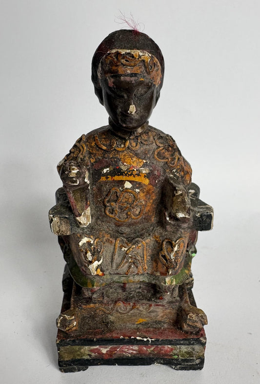 Antique Chinese Carved Wooden “Emperor” Figure – Polychrome Traces & Ink Inscription, 13cm