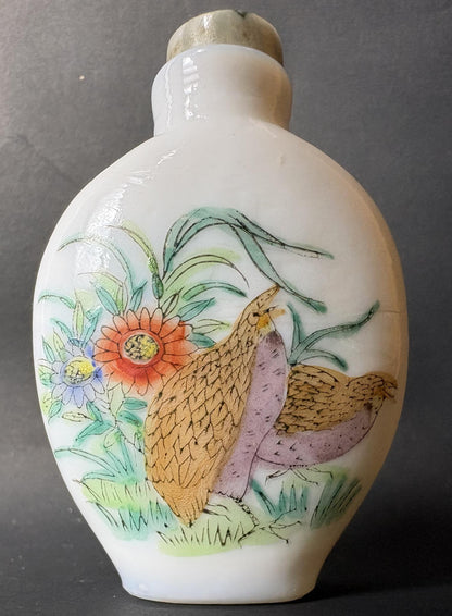 Early 20th Century Chinese Painted Glass Snuff Bottle – Quail & Flowers – 7cm – Three-Character Mark