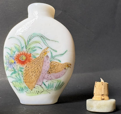 Early 20th Century Chinese Painted Glass Snuff Bottle – Quail & Flowers – 7cm – Three-Character Mark
