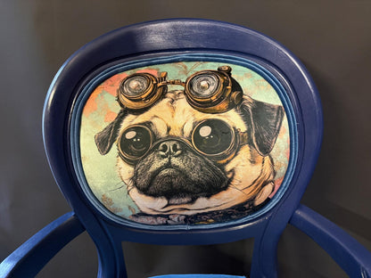 Upcycled Vintage Louis-Style Armchair – Navy Painted Frame, Velvet Seat & Steampunk Pug Back