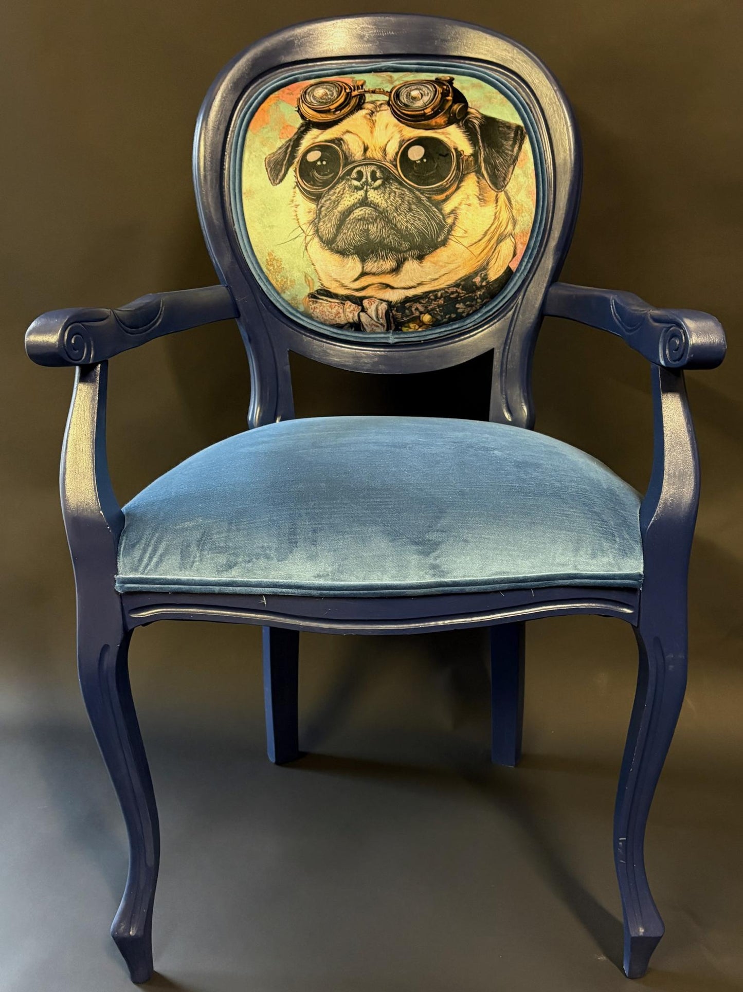 Upcycled Vintage Louis-Style Armchair – Navy Painted Frame, Velvet Seat & Steampunk Pug Back