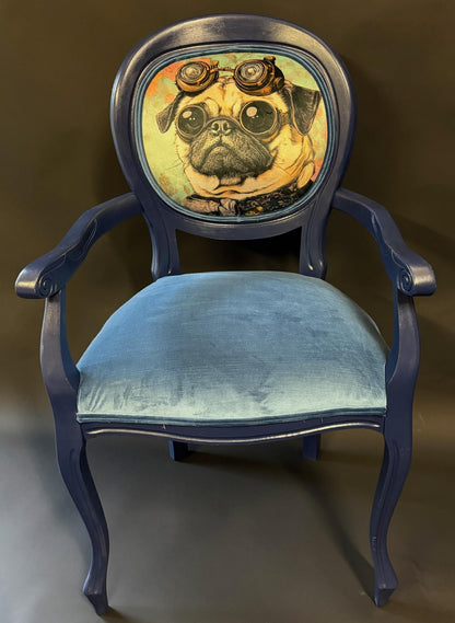 Upcycled Vintage Louis-Style Armchair – Navy Painted Frame, Velvet Seat & Steampunk Pug Back