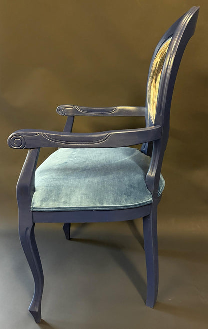 Upcycled Vintage Louis-Style Armchair – Navy Painted Frame, Velvet Seat & Steampunk Pug Back