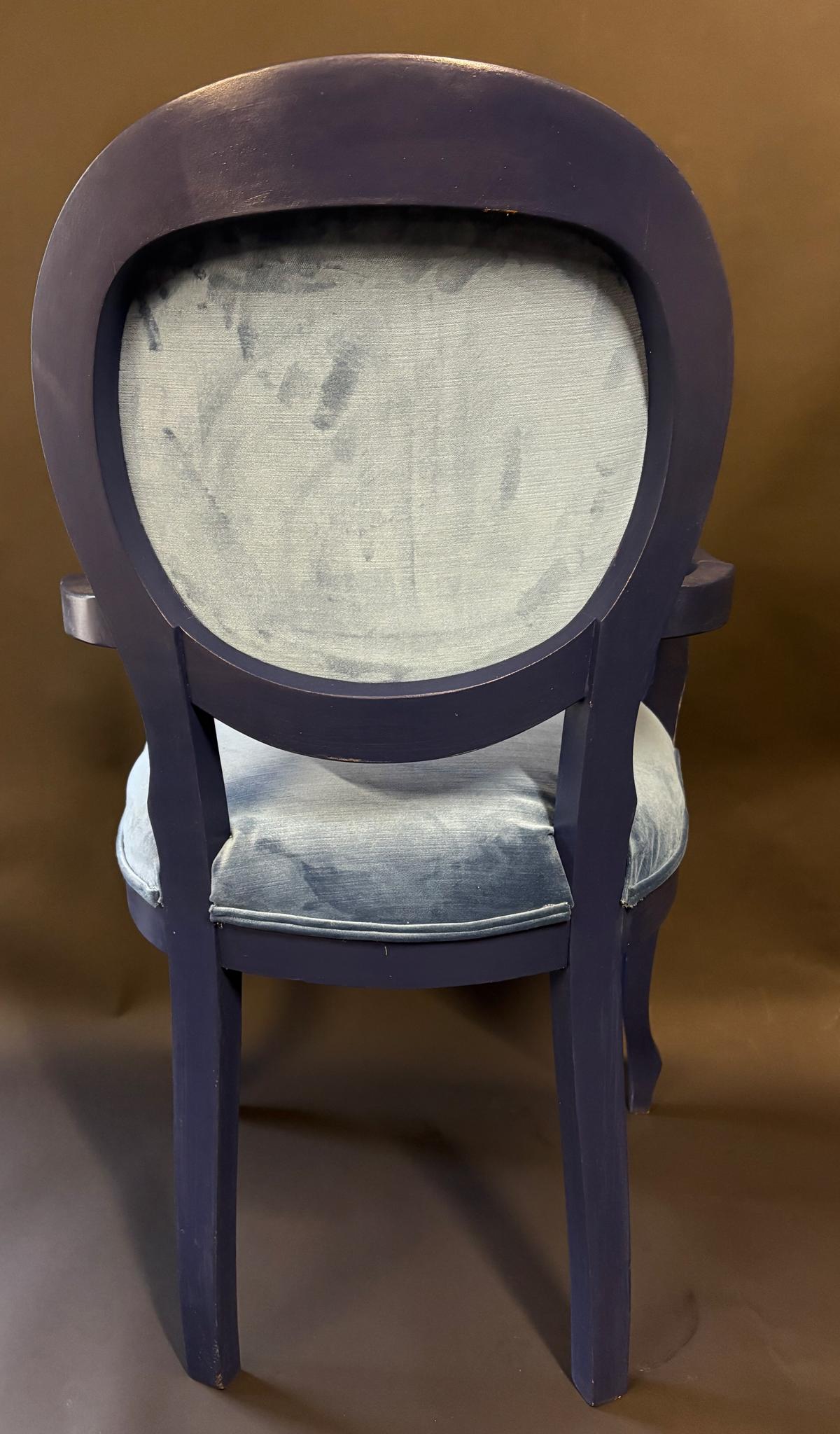 Upcycled Vintage Louis-Style Armchair – Navy Painted Frame, Velvet Seat & Steampunk Pug Back