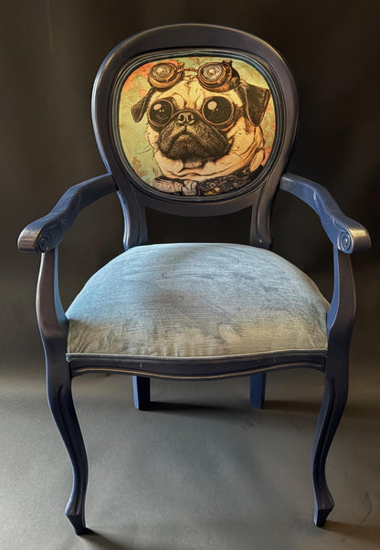 Upcycled Vintage Louis-Style Armchair – Navy Painted Frame, Velvet Seat & Steampunk Pug Back