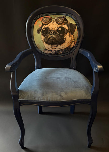 Upcycled Vintage Louis-Style Armchair – Navy Painted Frame, Velvet Seat & Steampunk Pug Back