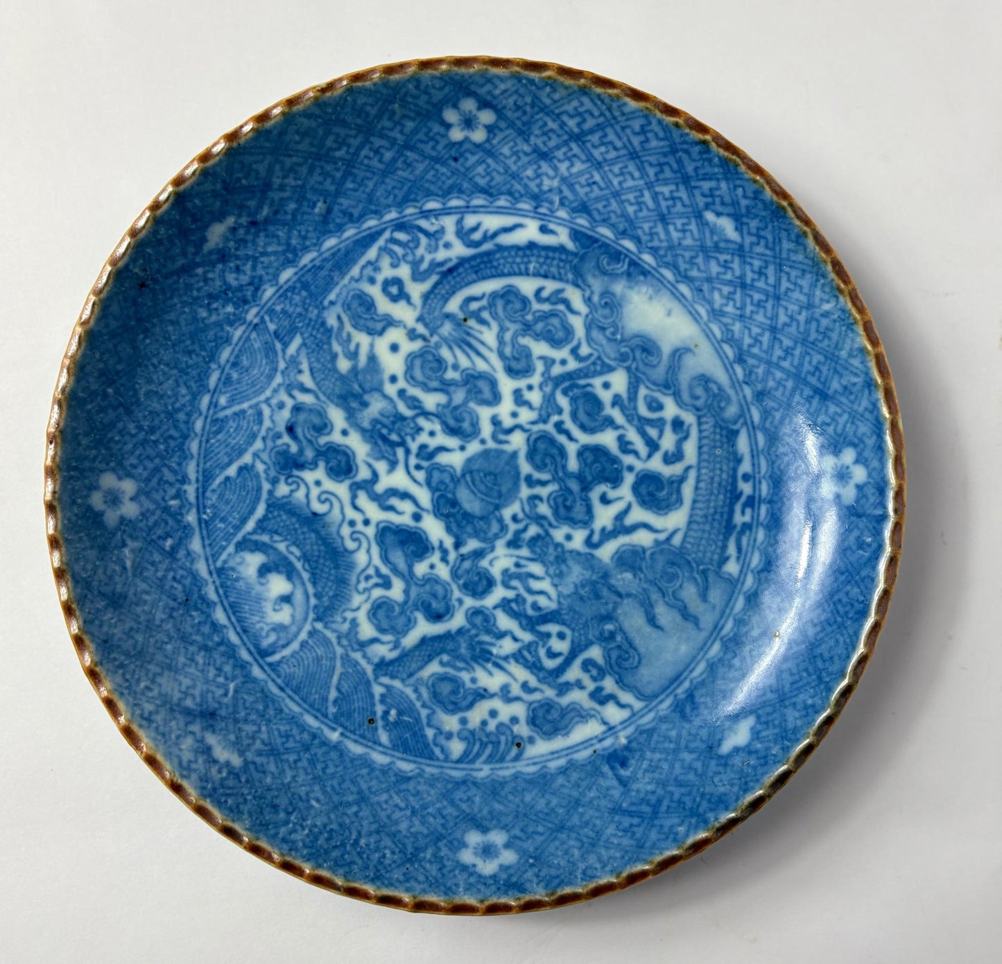 Japanese Blue & White Dragon Shallow Bowl (21.5 cm) – Seal Mark Base – Arita/Hizen Style, c. 19th Century