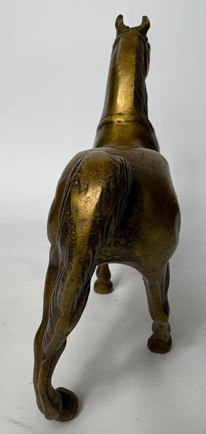 Pair of Antique Cast Brass Horse Figures (c. 1880–1920) – Heavy Equestrian Mantel Ornaments – 21cm