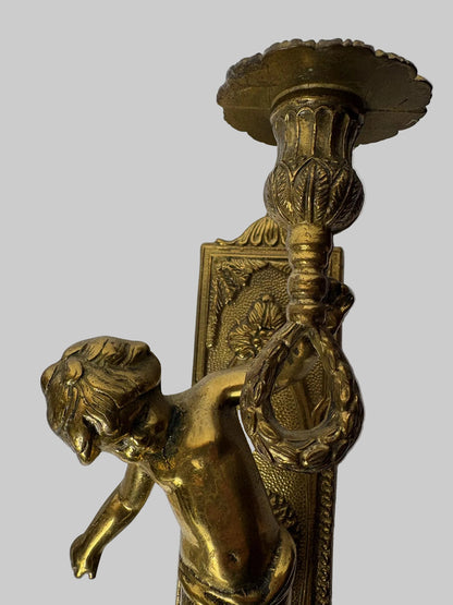 Pair of Antique Gilt Brass Figural Wall Sconces  / Candle-Style Wall Lights (31cm)
