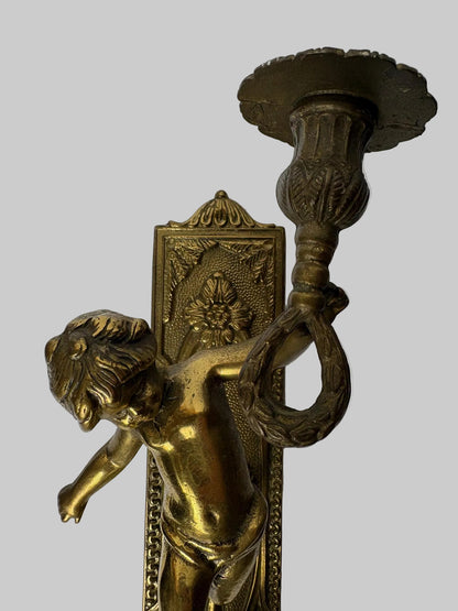 Pair of Antique Gilt Brass Figural Wall Sconces  / Candle-Style Wall Lights (31cm)