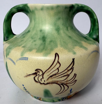 Hand Painted Bird & Floral Twin‑Handled Jug/Vase - Wadeheath Flaxman Ware