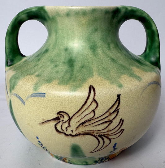 Hand Painted Bird & Floral Twin‑Handled Jug/Vase - Wadeheath Flaxman Ware