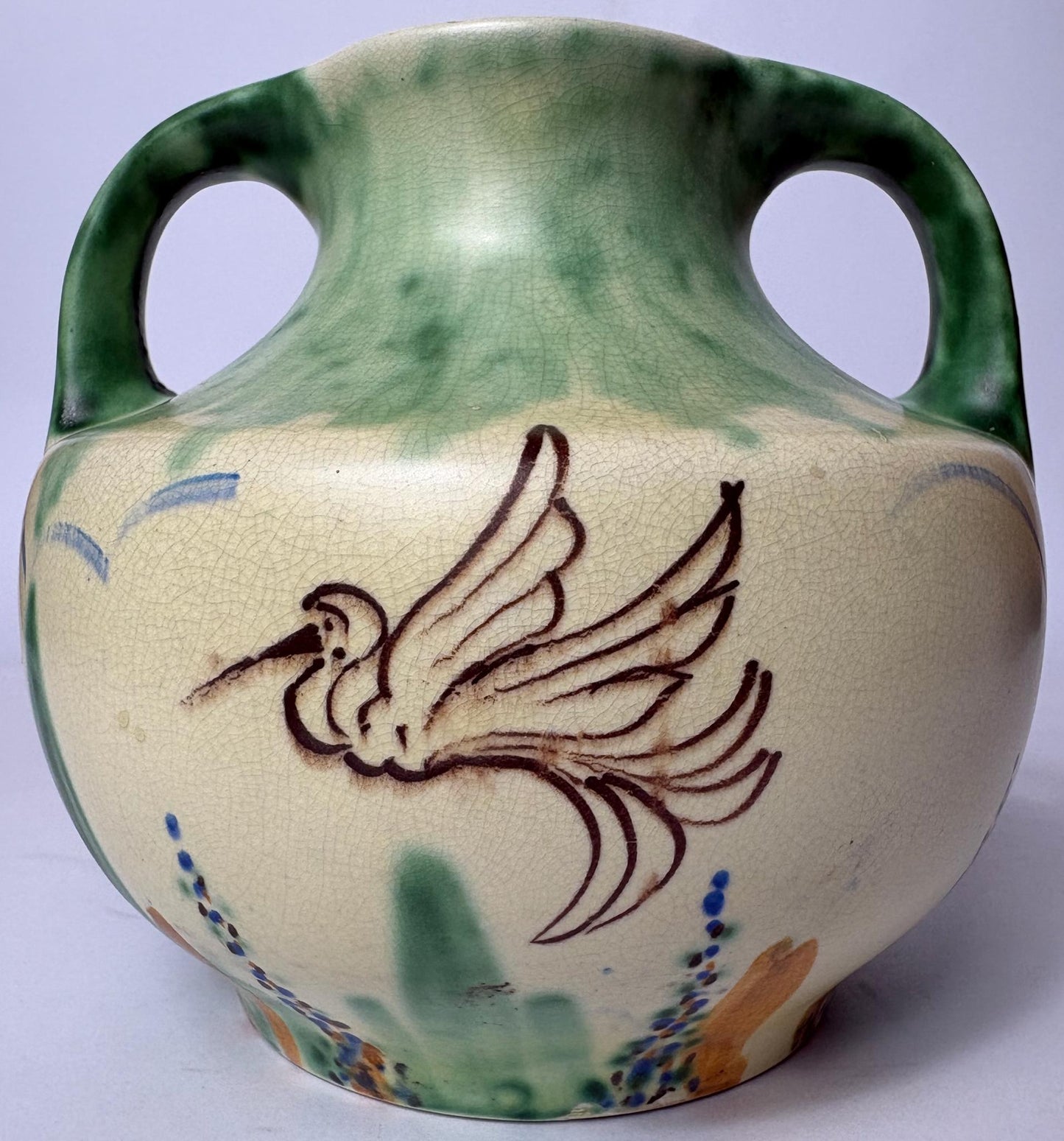 Hand Painted Bird & Floral Twin‑Handled Jug/Vase - Wadeheath Flaxman Ware
