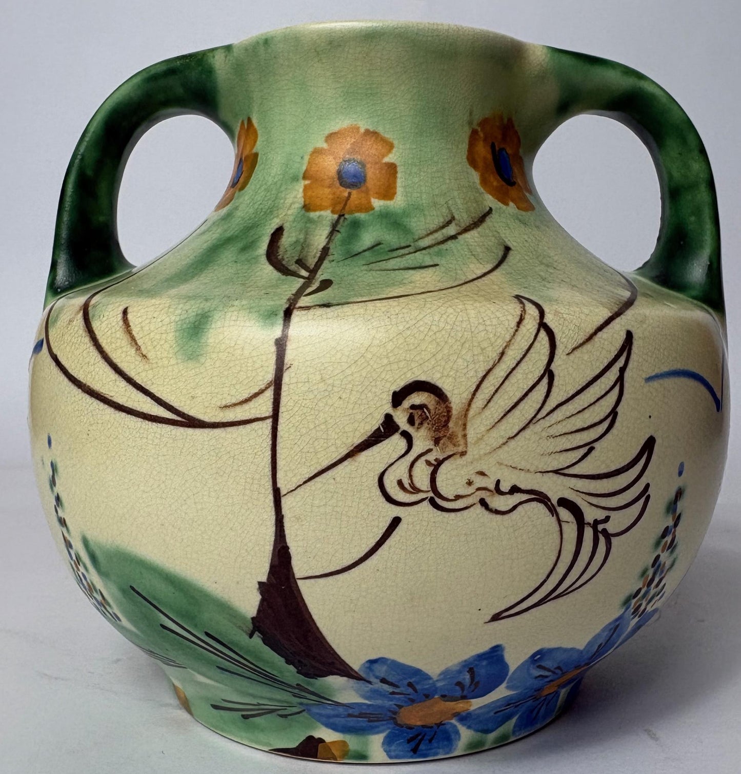 Hand Painted Bird & Floral Twin‑Handled Jug/Vase - Wadeheath Flaxman Ware