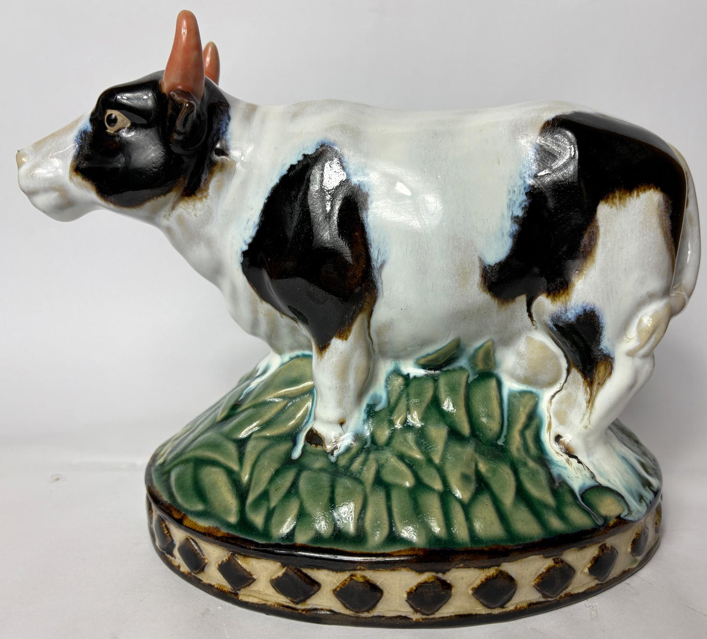 Pair of Vintage Glazed Ceramic Farm Animals – Cow & Pig on Oval Bases (c.25cm)
