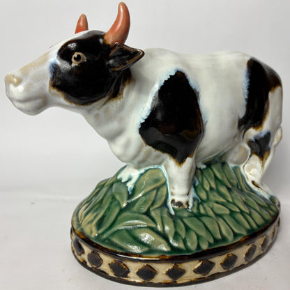Pair of Vintage Glazed Ceramic Farm Animals – Cow & Pig on Oval Bases (c.25cm)