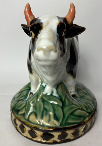 Pair of Vintage Glazed Ceramic Farm Animals – Cow & Pig on Oval Bases (c.25cm)