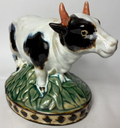 Pair of Vintage Glazed Ceramic Farm Animals – Cow & Pig on Oval Bases (c.25cm)