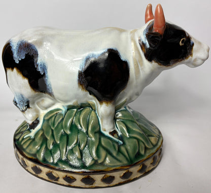 Pair of Vintage Glazed Ceramic Farm Animals – Cow & Pig on Oval Bases (c.25cm)