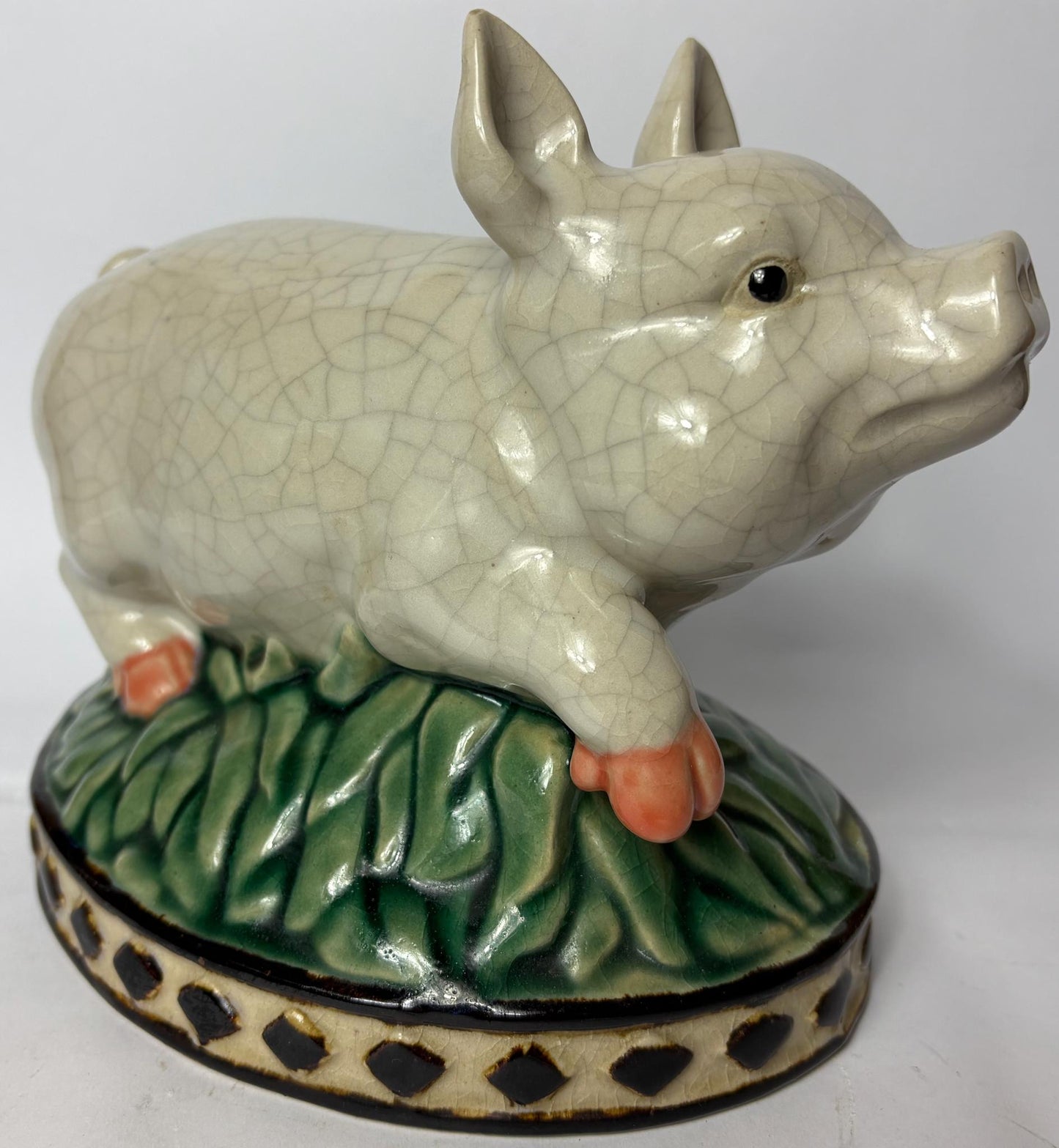 Pair of Vintage Glazed Ceramic Farm Animals – Cow & Pig on Oval Bases (c.25cm)