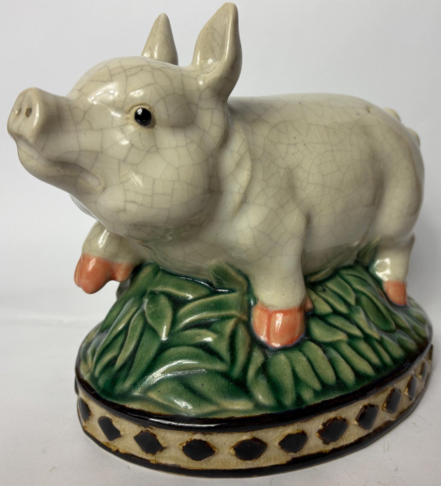 Pair of Vintage Glazed Ceramic Farm Animals – Cow & Pig on Oval Bases (c.25cm)