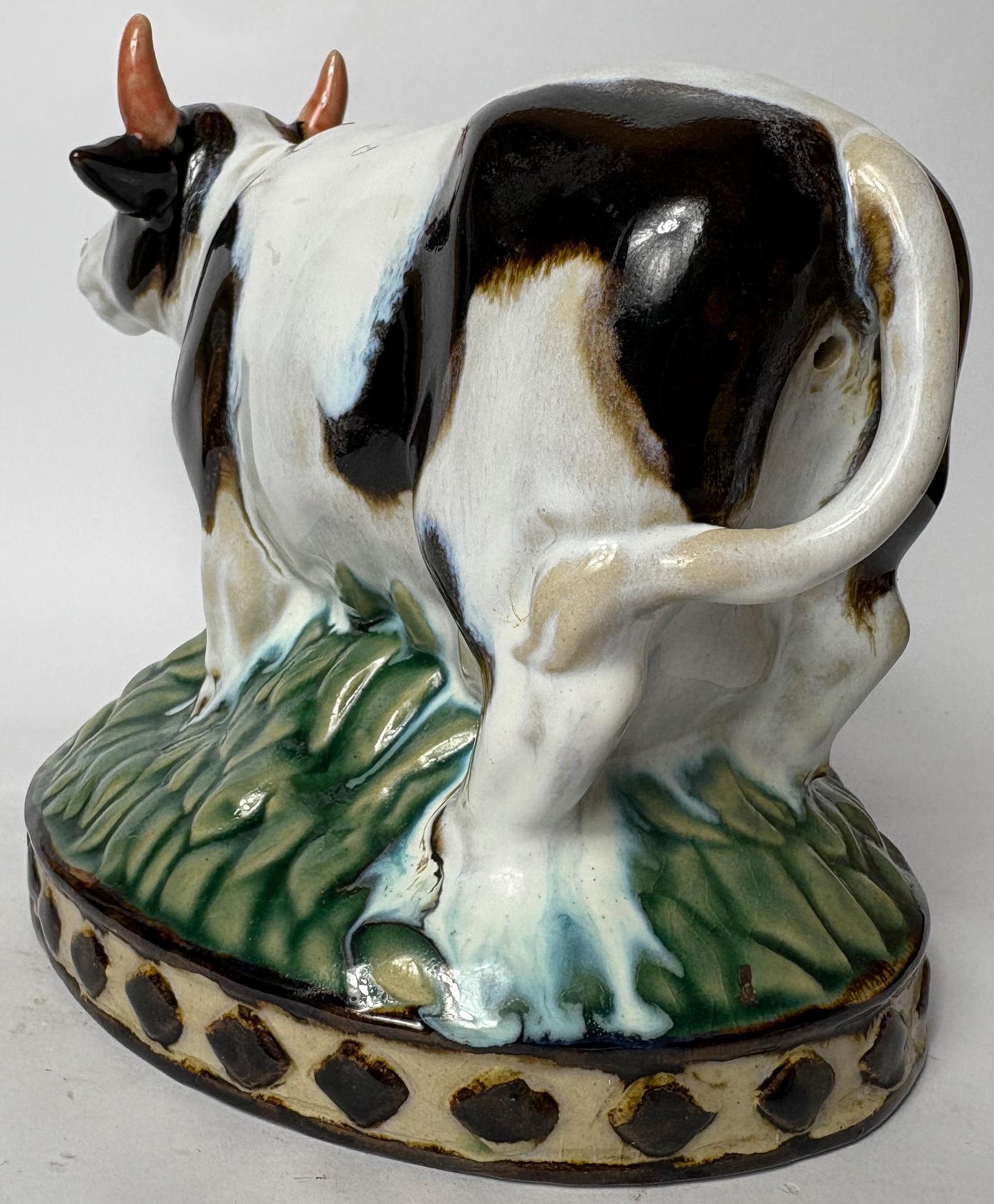 Pair of Vintage Glazed Ceramic Farm Animals – Cow & Pig on Oval Bases (c.25cm)