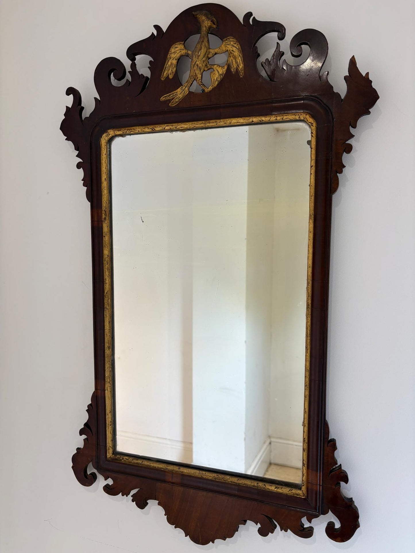 19th Century Mahogany & Gilt Chippendale Style Ho-Ho Bird Fretwork Mirror