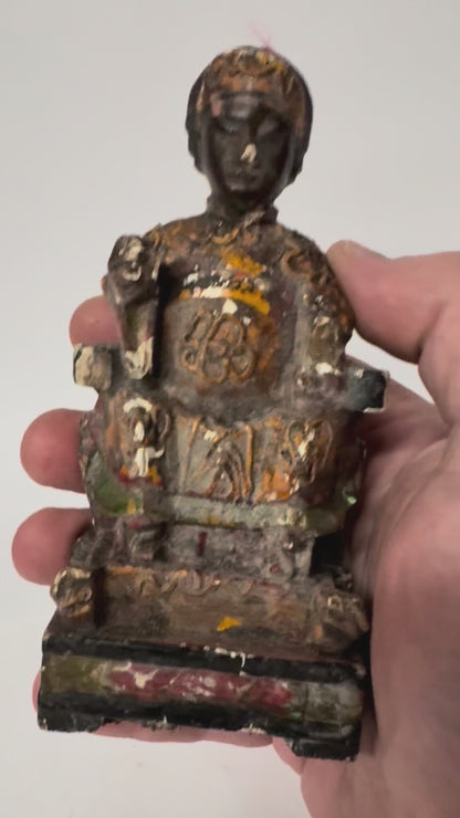 Antique Chinese Carved Wooden “Emperor” Figure – Polychrome Traces & Ink Inscription, 13cm