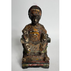 Antique Chinese Carved Wooden “Emperor” Figure – Polychrome Traces & Ink Inscription, 13cm